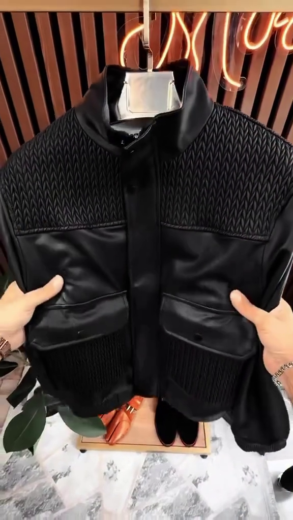 Men's Contrast Texture Bomber Jacket with Quilted Yoke (Black) - Image 2