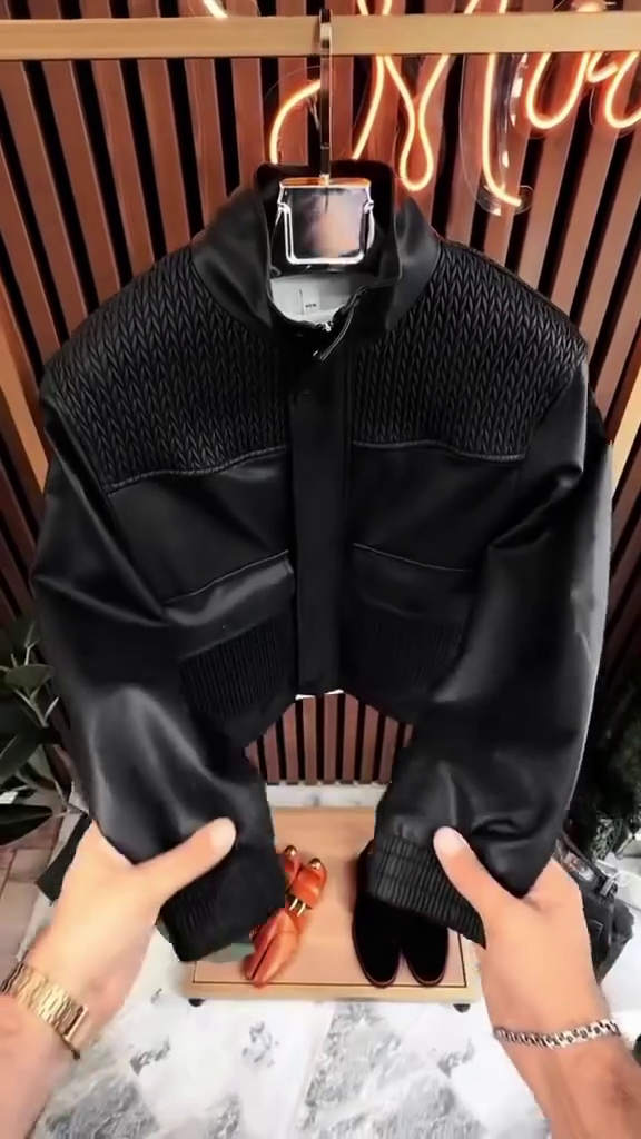 Men's Contrast Texture Bomber Jacket with Quilted Yoke (Black) - Image 7