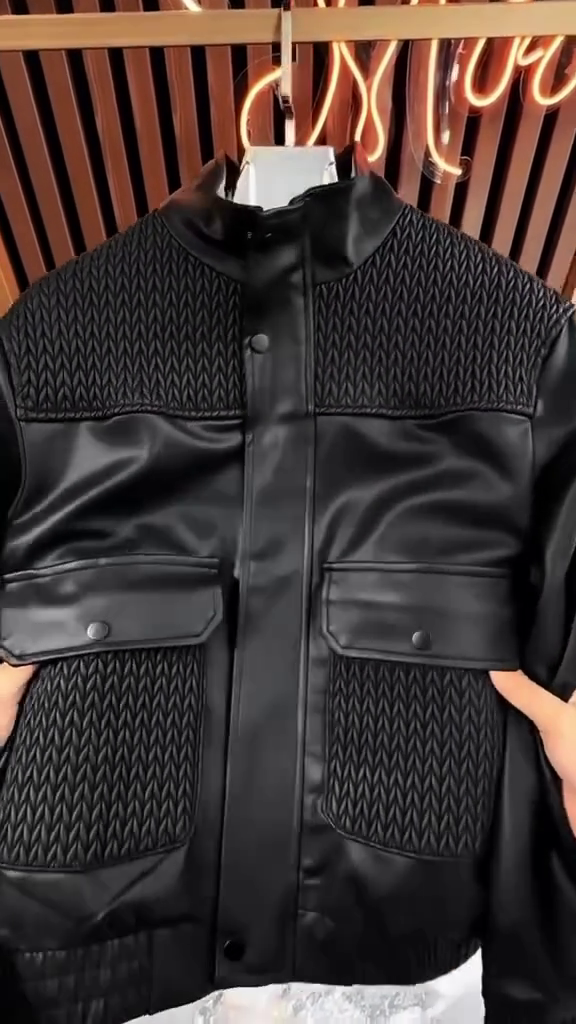 Men's Contrast Texture Bomber Jacket with Quilted Yoke (Black)