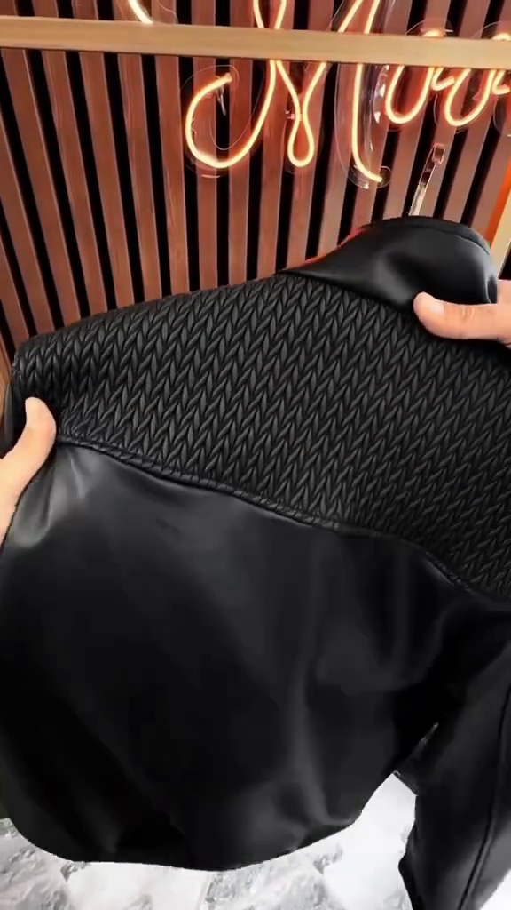 Men's Contrast Texture Bomber Jacket with Quilted Yoke (Black) - Image 3